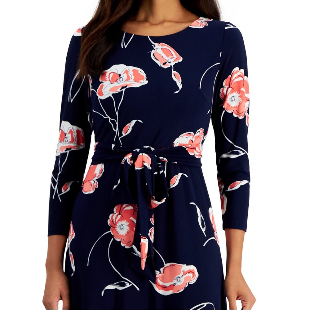 Kasper Floral Elegant Summer midi Dress Navy background
